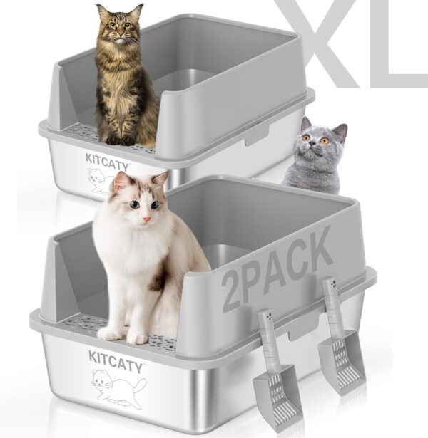 Limited Time Deal 25%OFF! 2PACK Stainless Steel Litter Box, Metal Litter Boxs with Lid High Sides