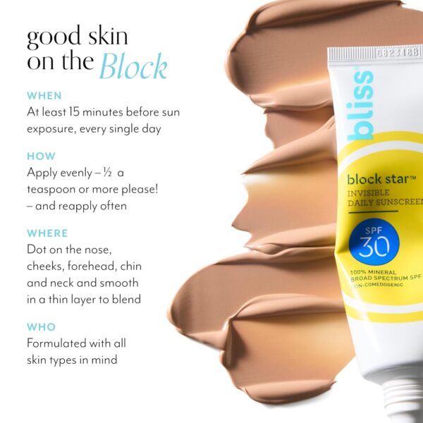 Limited Time Deal 56%OFF! Bliss Block Star SPF 30 Invisible Daily Tinted Sunscreen with Zinc Oxide, Sunscreen & Makeup Primer - 100% Mineral Broad Spectrum Sunscreen with Titanium Dioxide and Antioxidant Blend,- 1.4 fl oz. - Image 3