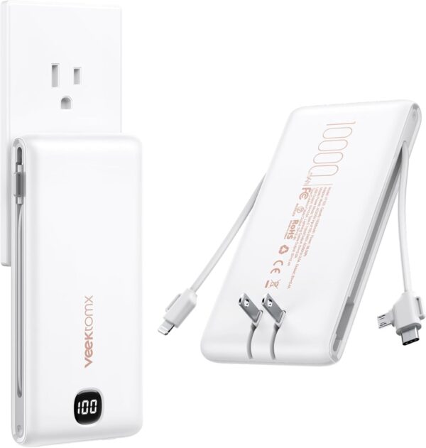 Limited Time Deals 35%OFF!  VEEKTOMX Portable Charger with Built in Cables 10000mAh, Power Bank for iPhone
